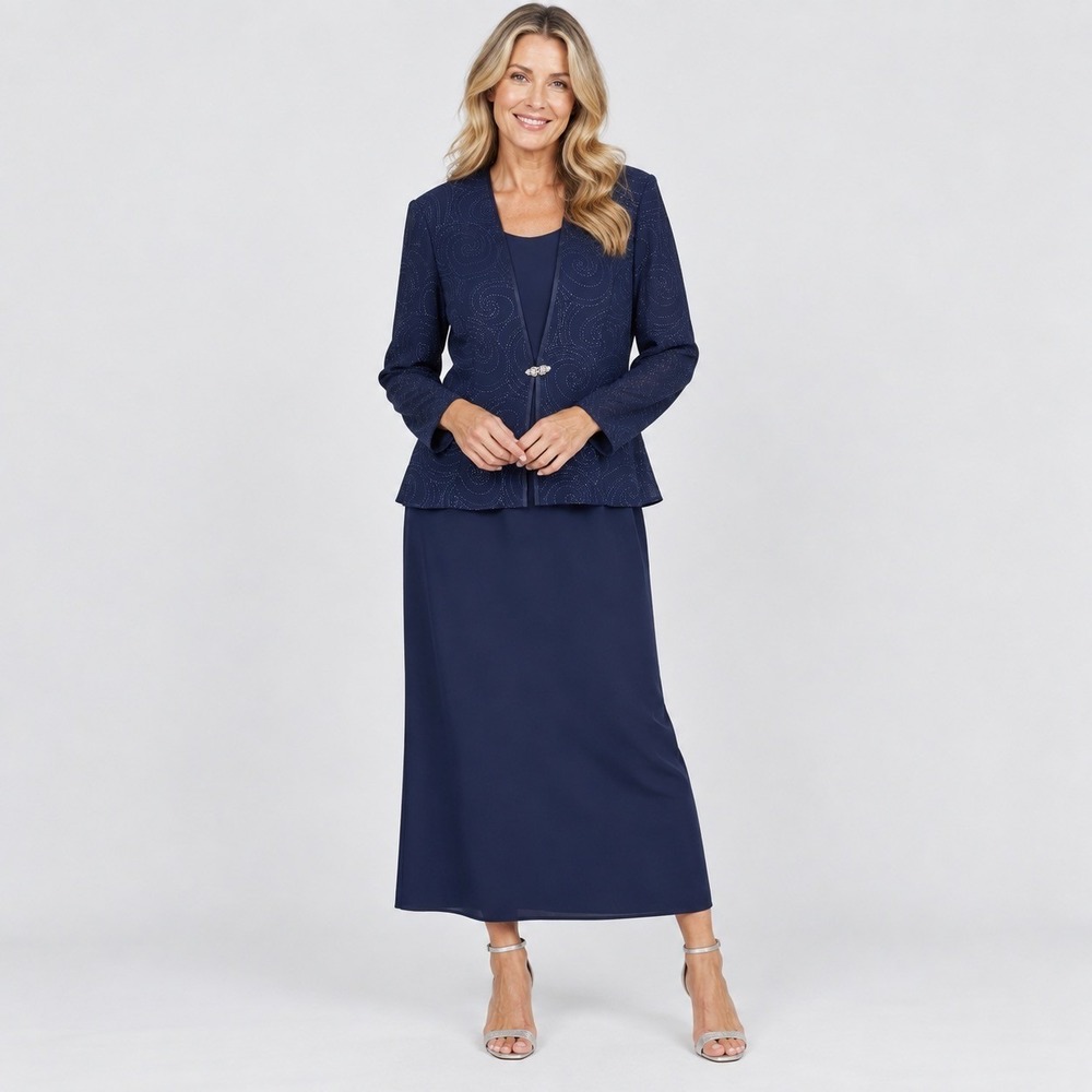 Patra Womens 16 Navy Blue 2 Piece Dress Set Glitter Jacket Maxi Gown Formal